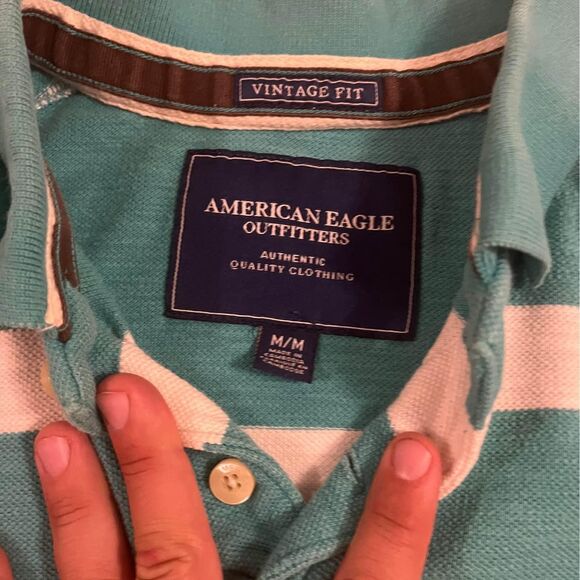 american eagle teal and white striped polo shirt mens medium - Picture 2 of 4